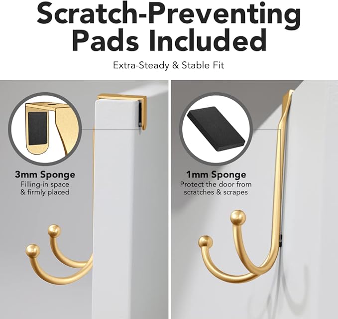 2-Pack Over The Door Hooks - with 2 Hang Heads & Snug Fit Pads Heavy Duty Hook for Hanging Coats, Towels, Caps & Robes - Elegant Matt Finish - No Drill Hanger Organizer - Gold