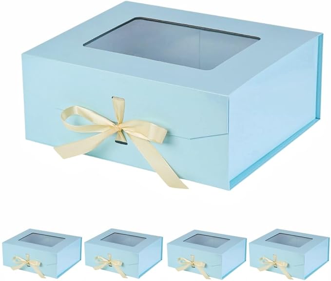 5 Pcs Blue Gift Box for Presents with Ribbon 13.2x11x5.3 Inches Clear Gift Box with Window Magnetic Closure Gift Boxes with Lids-NeatNest