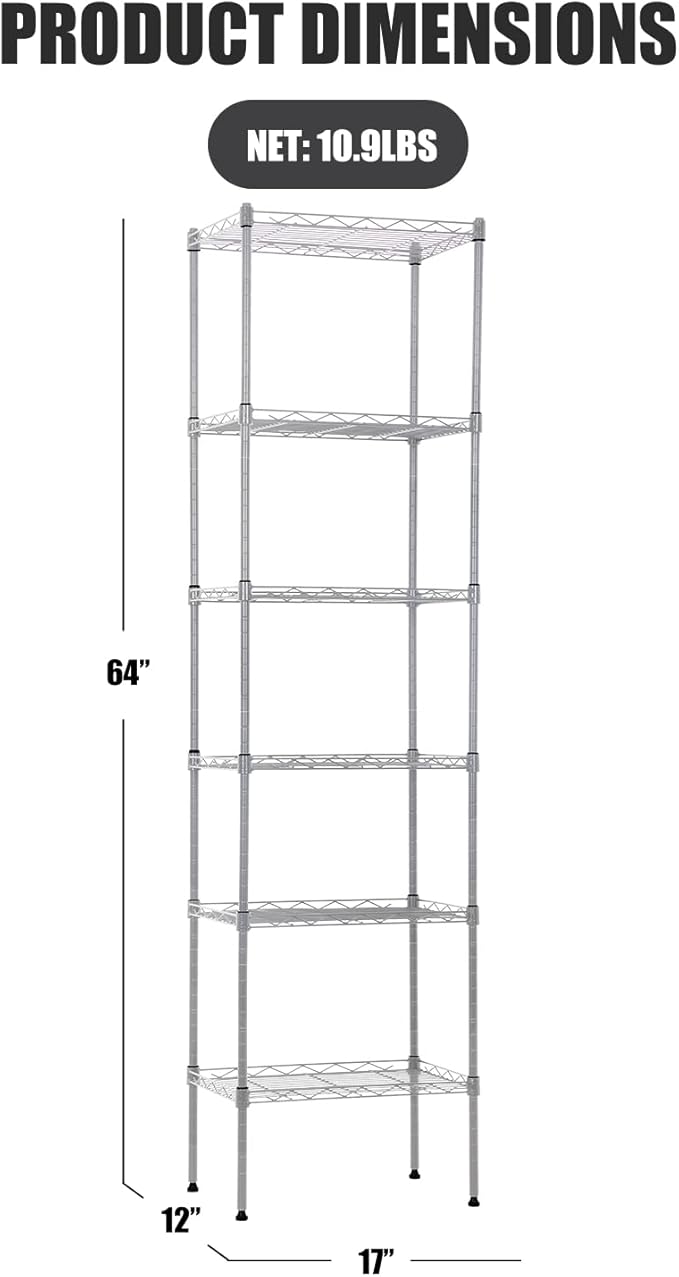6-Tier Chrome Metal Shelving Unit Storage Shelves Heavy Duty Adjustable for Home Kitchen Bathroom Garage