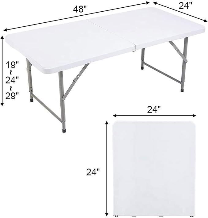 Folding Table 4 Foot Height Adjustable Fold-in-Half Table with Carrying Handle, Small Card Table Indoor Outdoor Use, White-NeatNest