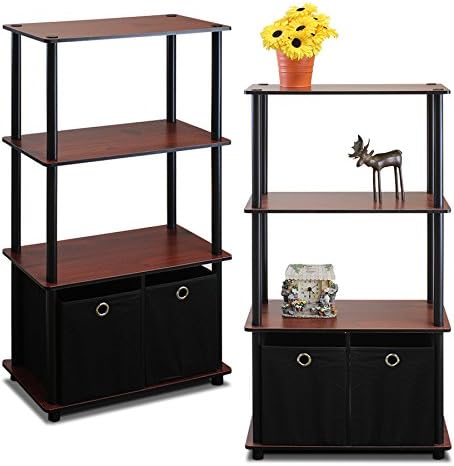 Furinno Go Green 4-Tier Multipurpose Storage Rack Shelving Unit with Bins (Set of 2), Beech-NeatNest