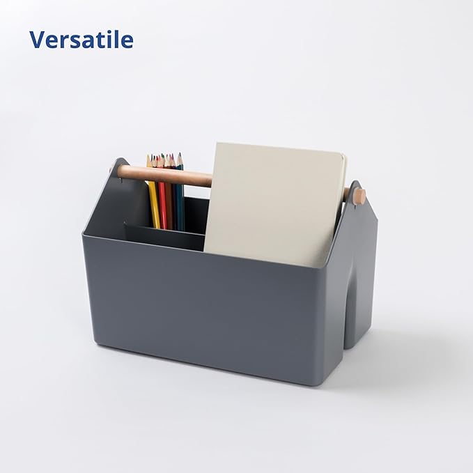 BLUE GINKGO Medium Storage Basket – Plastic Caddy with Wooden Handle for Office, Arts & Crafts, or Home Supplies (Gray)-NeatNest