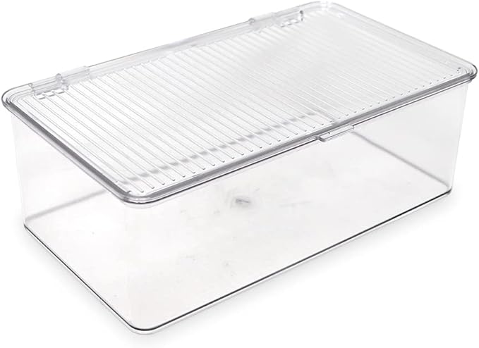Isaac Jacobs Medium Stackable Organizer Bin (10.75”x6.5”x3.7”) w/ Hinged Lid, Clear Storage Box, Home, Office, School, Fridge, Bathroom, Kitchen, Pantry Container, BPA-Free, Food Safe (Medium, Clear)