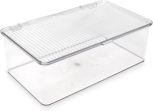 Isaac Jacobs Medium Stackable Organizer Bin (10.75”x6.5”x3.7”) w/ Hinged Lid, Clear Storage Box, Home, Office, School, Fridge, Bathroom, Kitchen, Pantry Container, BPA-Free, Food Safe (Medium, Clear)