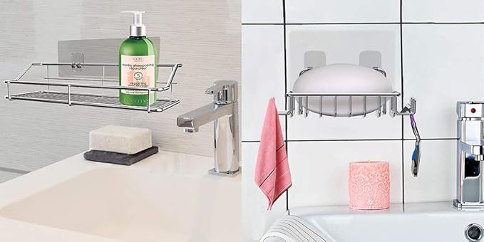 Nieifi Shower Caddy Shelf with Hooks Storage Rack Organizer Adhesive Stainless Steel without Drilling for Bathroom, Lavatory, Washroom, Restroom, Shower, Toilet, Kitchen (Sliver, 3 Pack)