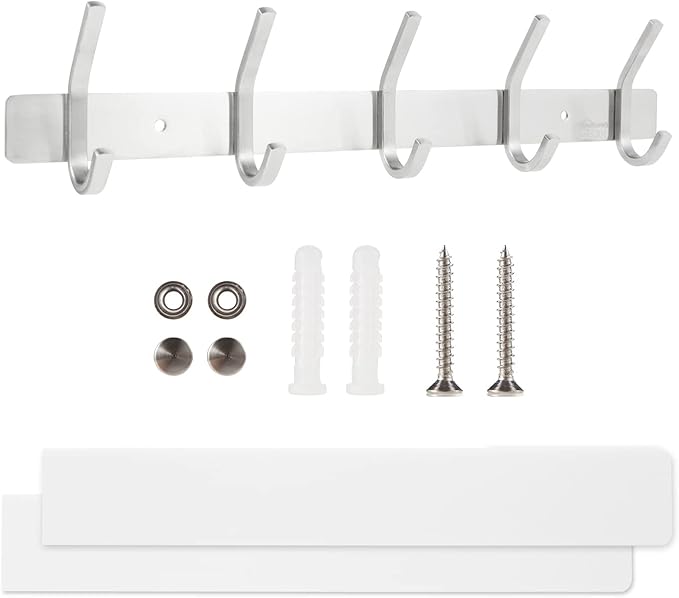 Coat Rack Wall Mounted,Stainless Steel Silver Towel Racks with 5 Hooks for Bathroom Kitchen Bedroom Door-NeatNest