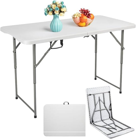 Generic 4ft Portable Folding Table, Plastic Table w/ 4 Adjustable Heights, Indoor Outdoor Heavy Duty Fold-in-Half Utility Table w/Carry Handle 300LBS, White-NeatNest