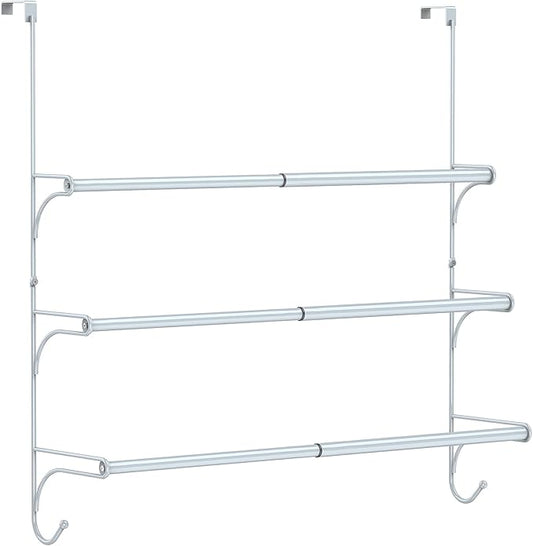 Auledio Adjustable Over The Door Triple Towel Rack with Hooks,Silver