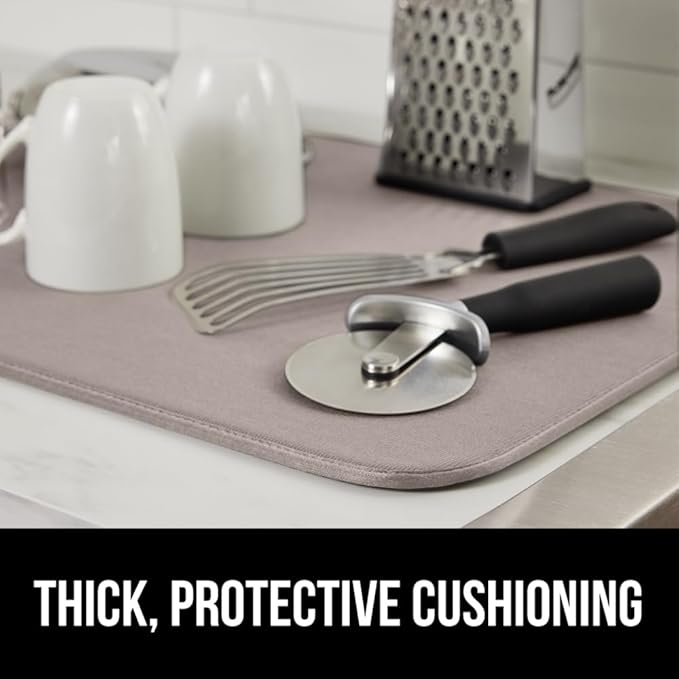 GORILLA GRIP Ultra Water Absorbent Microfiber Dish Drying Mat, Quick Dry Thick Mesh, Slip Resistant Pad for Sink Dishes or Under Rack, Kitchen Counter Accessories, 16x18, Machine Wash Mats, Almond