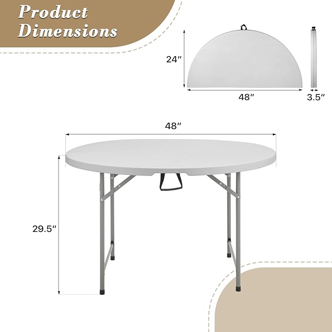Athena Collection 4ft Plastic Folding Dining Table, Large Foldable Round Card Table Portable with Carry Handle Heavy Duty Fold-in-Half for Indoor Outdoor Party Camping, Grey-NeatNest