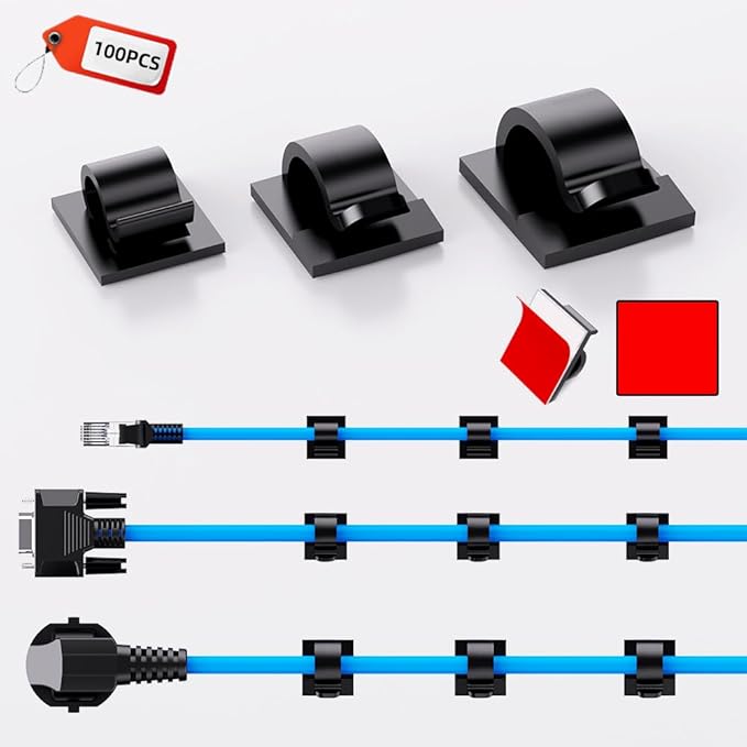 100 PCS Adhesive Cable Clips Cord Organizer (Small, Medium,Large),Wire Holder for Cable Management, Outdoor Light Clips Light Hooks for LED String,Car Dash Cam, Extension Cord (Black)-NeatNest