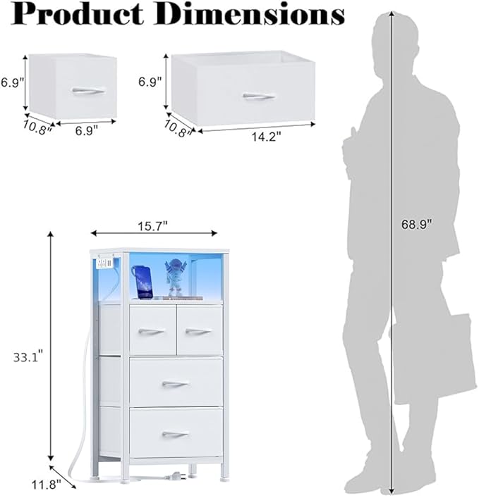 Furnulem 4 Drawer Dresser with Led Light and Charging Station, White Night Stand with Storage Shelf and Fabric & PVC Drawer, 33 Inch Bedside Table, Tall Nightstand for Entryway, Bedroom Furniture