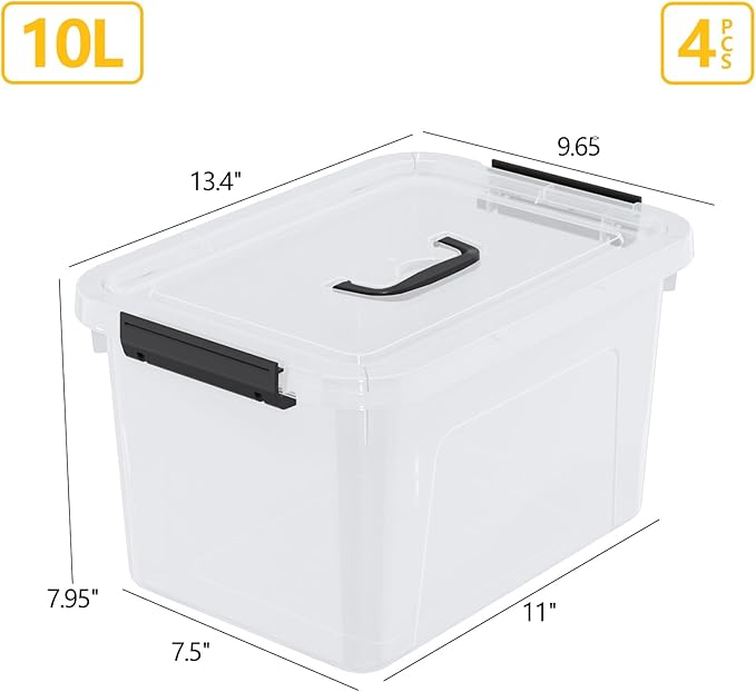 4-Pack 10 L Plastic Latching Box with Handle, Clear Storage Containers Box for Organizing