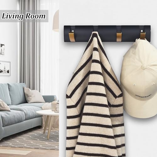 Coat Rack Wall Mounted with 4 Hooks, 12.5 Inch Black Gold Modern Heavy Duty Wall Coat Hooks, Folding Space Saving Towel Hanger for Hanging Coats, Hats, Scarves, Umbrella and Keys-NeatNest