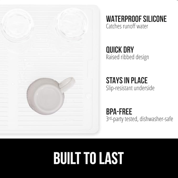 GORILLA GRIP 100% BPA-Free Patented Silicone Dish Drying Mat for Kitchen Counter, Water Catching Ribbed Design, Easy Clean Waterproof Sink Liner, Heat Resistant, Fits Under Rack, 13x11 Inch, White