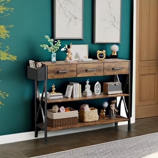 Gizoon 47" Entryway Table with 3 Drawers and 3 Tier Storage Shelves, Industrial Narrow Long Sofa Table, Farmhouse Style Console Table for Living Room, Hallway, Couch, Small Spaces - Rustic Brown-NeatNest