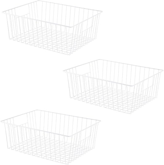 16" L x 12" W Wider Freezer Storage Organizer Baskets Container, Metal Wire Chest Upright Refrigerator Divider Bins with Built-in Handles for Cabinet, Pantry, Closet, Kitchen（3 Pack）
