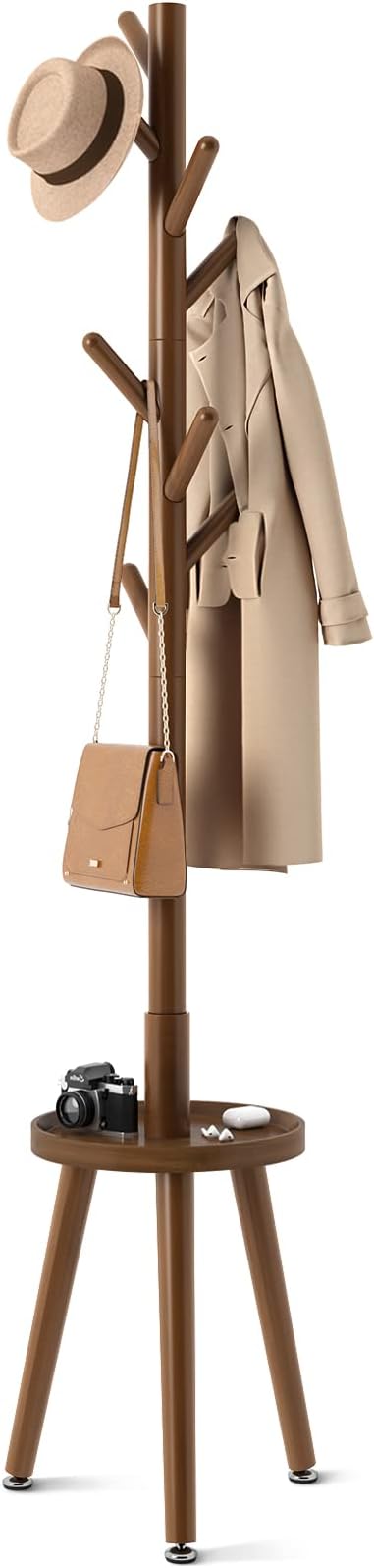GREENSTELL Coat Rack with 8 Hooks, Wooden Coat Rack Freestanding with Shelf, Coat Tree with 4 Height Options 50.5"-72.6", Coat Hanger Stand for Bags, Clothes, Umbrellas, Hats, in Home, Brown-NeatNest
