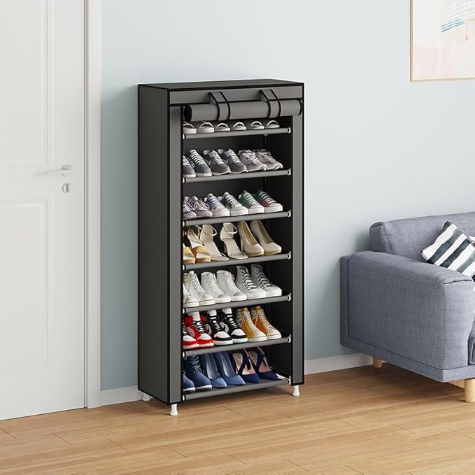 Calmootey 7 Tier Shoe Rack Organizer,Portable Shoe Shelf with Nonwoven Fabric Cover for Closet Hallway,Bedroom,Entryway,Grey-NeatNest