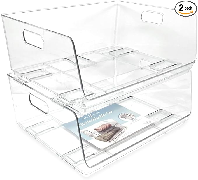 Isaac Jacobs 2-Piece (16" x 12" x 6.1") X-Large Wide Stackable Clear Storage Bins w/Open Front, Versatile Use, Set of 2, Desk, Office, Bathroom, Bedroom, Closet