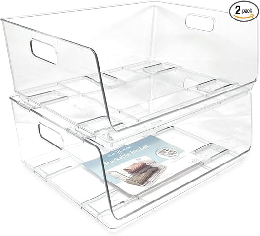 Isaac Jacobs 2-Piece (16" x 12" x 6.1") X-Large Wide Stackable Clear Storage Bins w/Open Front, Versatile Use, Set of 2, Desk, Office, Bathroom, Bedroom, Closet