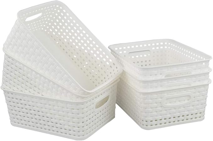 Anbers White Plastic Weave Storage Basket, 10.03" x 7.59" x 4.09", Set of 6-NeatNest