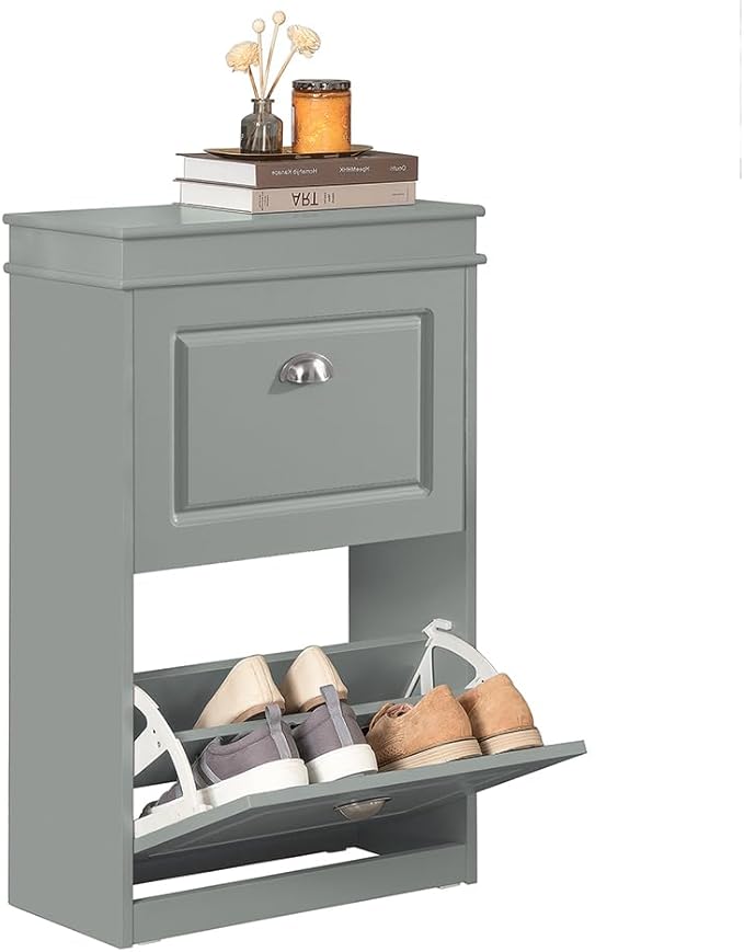 SoBuy Small Shoe Cabinet, Slim Shoe Rack 2 Flip-Drawers, Thin Shoe Storage Cupboard Organizer Unit for Entryway and Hallway, Grey FSR78-HG-NeatNest