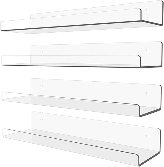 4 Pack Floating Shelves for Wall, 15" x 4" Acrylic Book Shelf for Plants, Toys, Book, Photo, Mounted Display Shelf Organizer in Bathroom, Room, Living Room Decor, Clear-NeatNest
