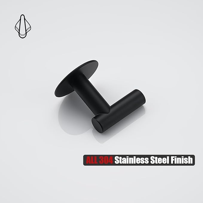 JQK Self Adhesive Towel Hook Black, No Drill Stick on Coat Robe Clothes Wall Hook for Bathroom Kitchen Garage 2 Pack, 304 Stainless Steel Matte Black, ATH110-PB-P4