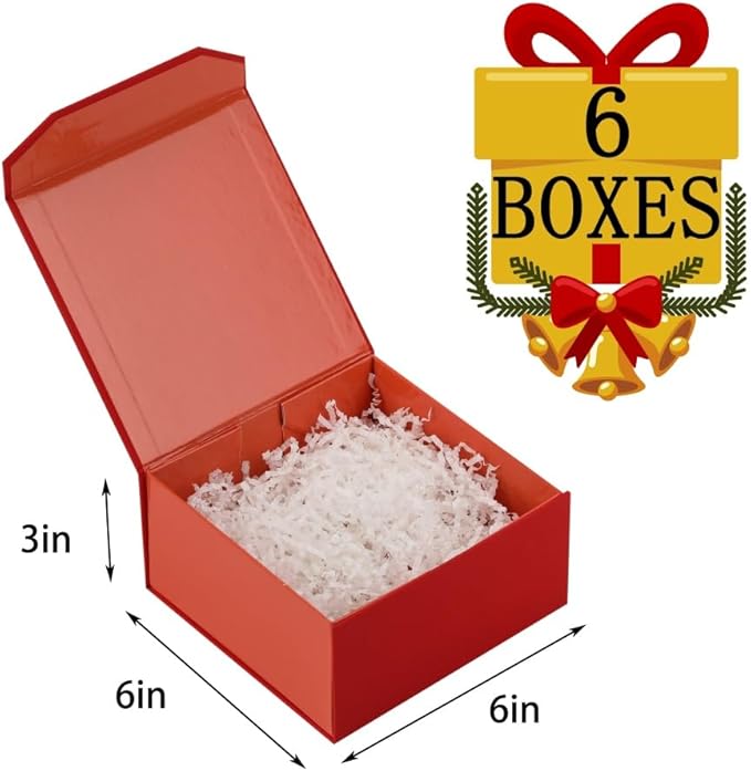 6 Pcs Small Red Gift Box 6x6x3 Inch Magnetic Gift Box Small Magnetic Box with Crinkle Paper Red Small Gift Box with Shredded Paper Luxury Gift Boxes with Lids for Presents-NeatNest