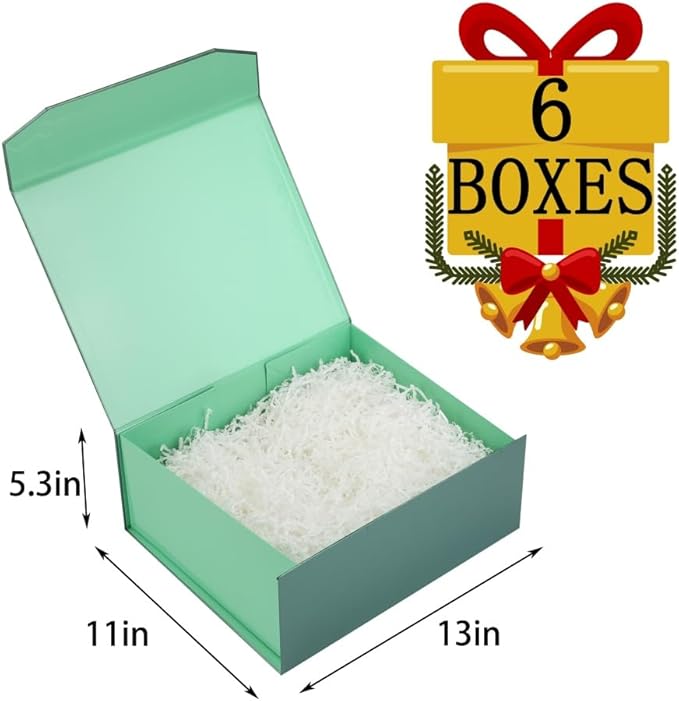 6 Pcs Green Gift Box Large 13x11x5.3 Inch Large Black Gift Box Large Magnetic Gift Box with Crinkle Paper Green Large Gift Box with Shredded Paper Luxury Gift Boxes with Lids for Presents-NeatNest