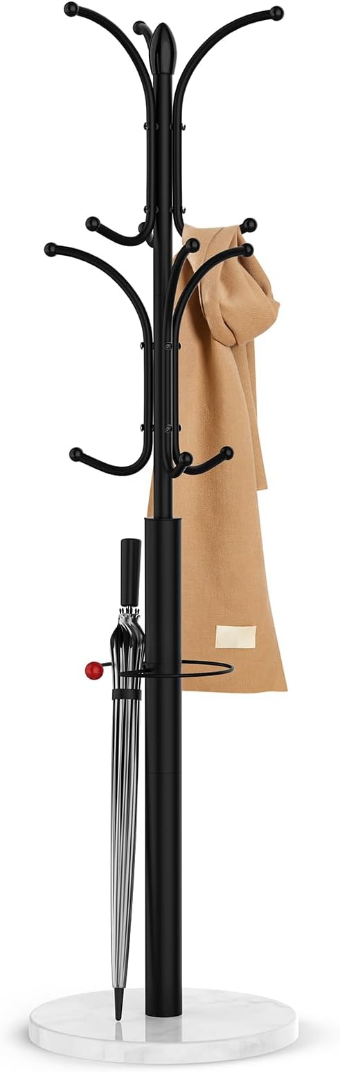 Coat Rack Freestanding,12 Hooks Coat Racks with Natural Marble Base & Umbrella Holder,Easy Assembly Coat Rack Stand for Hanging Scarf,Purse,Hats,Jacket(Black)-NeatNest