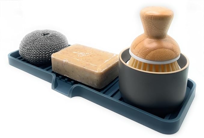 Happitasa Silicone Soap Dish Tray and Sponge Holder with Drain Chute | Bathroom and Kitchen Sink Organizer Caddy (Smoky Blue, 12"x4", 7.4 Ounces)-NeatNest