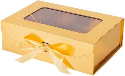 Gold Gift Box for Presents with Ribbon 10.8x7.5x3.5 Inches Clear Gift Box with Window Magnetic Closure Gift Boxes with Lids-NeatNest