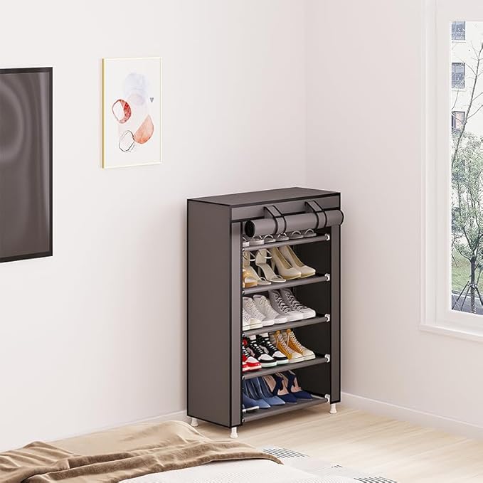 Calmootey 5 Tier Shoe Rack Organizer,Portable Shoe Shelf with Nonwoven Fabric Cover for Closet Hallway,Bedroom,Entryway,Grey-NeatNest