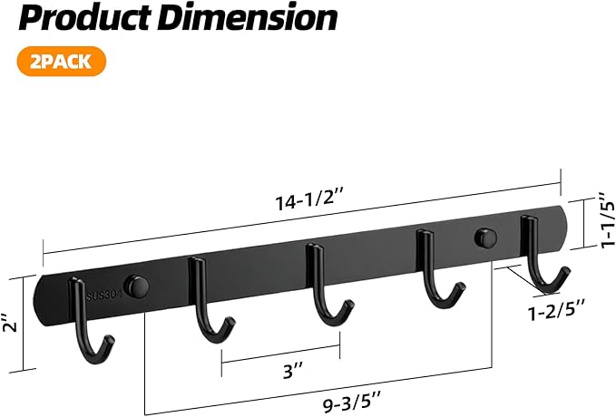 2 Pack 5 Single-Hook Wall Coat Rack - Thickened 304 Stainless Steel Hook Racks, Modern Coat Rack with Hooks, Durable Wall Hangers, Jacket Hooks, Towel Rack, Matte Black