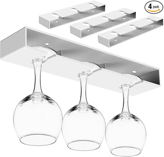 4 Pack Wine Glass Holder,Wine Glass Rack Punch-free Under Cabinet Wine Glass Holder Hanging Plastic Stemware Rack（White）