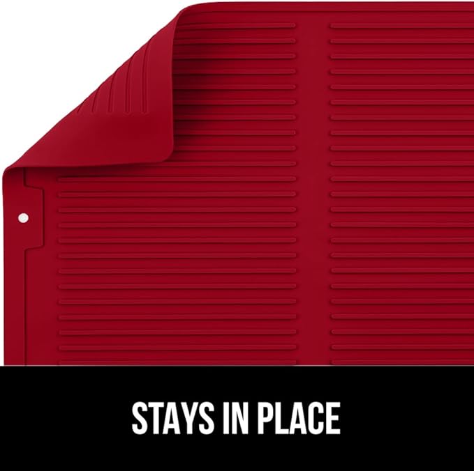 GORILLA GRIP 100% BPA-Free Patented Silicone Dish Drying Mat for Kitchen Counter, Water Catching Ribbed Design, Easy Clean Waterproof Sink Liner, Heat Resistant, Fits Under Rack, 13x11 Inch, Red