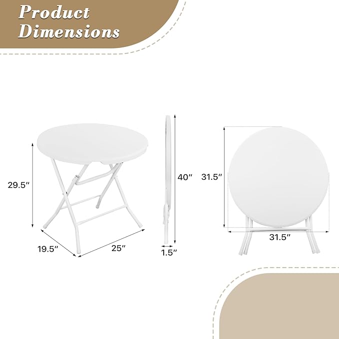 Athena Collection 2.6ft Plastic Folding Dining Table, Portable Round Card Table with Steel Legs for Indoor Outdoor, Foldable Heavy Duty for Camping Party, White-NeatNest