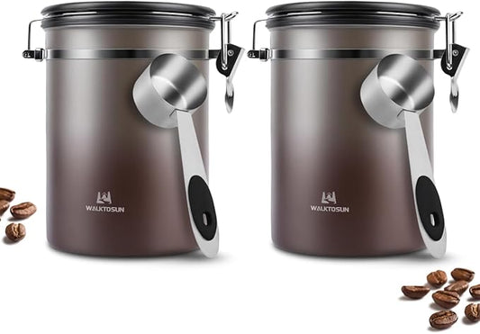 Coffee Canister Airtight Storage Container Stainless Steel Coffee Jar with Scoop,Date Tracker CO2 Release Valve for Dry Food Beans Ground Tea Flour Cereal and Sugar (1.8L Grey-Brown With Spoon(2pcs))-NeatNest
