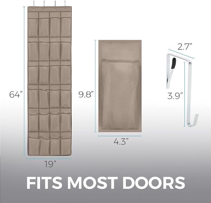 HOME GENIE Over the Door Hanging Shoe Organizer, 2 Pack, 24 Breathable Mesh Pockets, Closet Rack Storage Holder Stay in Place Hooks Hang on Closets, Hanger Holds Up to 40 lbs, Shoes, Accessories Beige-NeatNest