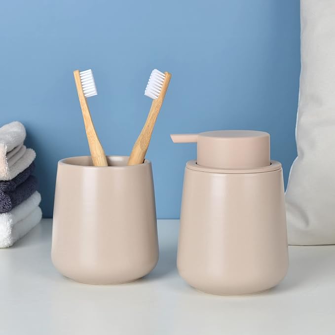 BosilunLife Foam Hand Soap Dispenser - 12 oz Bathroom Lotion Pump for Kitchen and Hand Wash - Khaki Ceramic Dish Liquid Dispenser-NeatNest