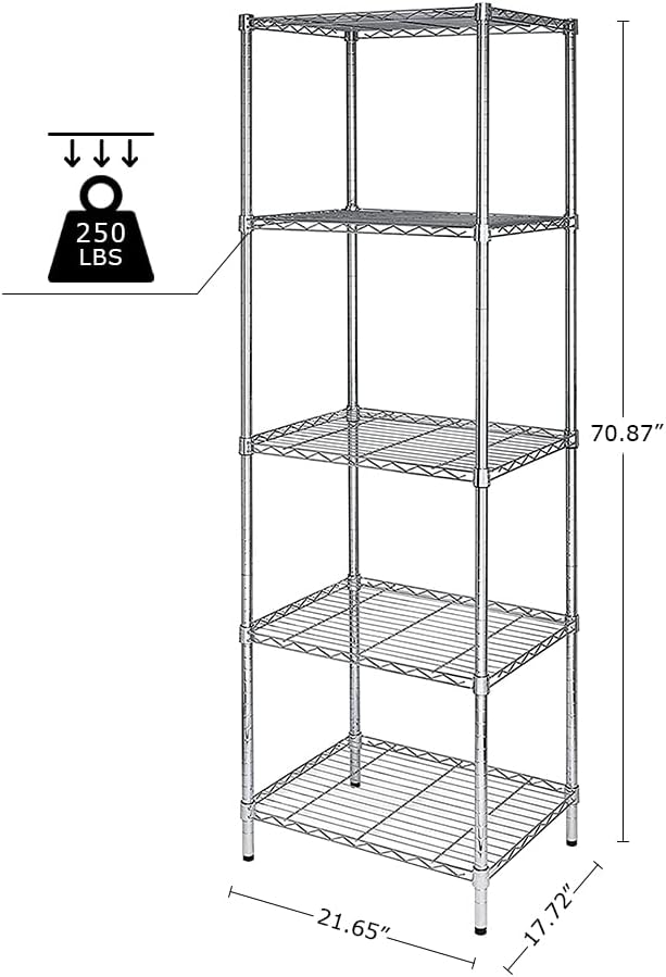 5 Tier Narrow Wire Shelving Unit with NSF Certified, Adjustable Metal Shelf, Tall Storage Shelves for Small Spaces, Laundry, Bathroom, Kitchen, Pantry, 18"D X 21.5"W X 71"H, Chrome