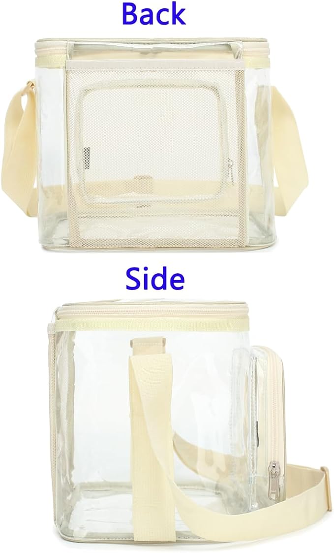 FlowFly Insulated Reusable Lunch Bag Adult Large Lunch Box for Women and Men with Adjustable Shoulder Strap,Front Zipper Pocket and Dual Large Mesh Side Pockets,Clear#Biege-NeatNest