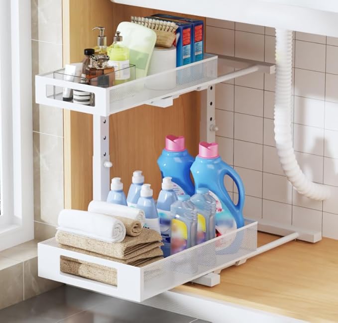 1 Pack 11.6"-16.7" H Under Sink Organizers And Storage Height Adjustable,2-Tier Pull Out Under Cabinet Shelf Organizer,Multi-Use Slide Out Drawer For Bathroom Kitchen Laundry-White-NeatNest