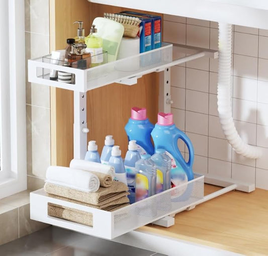 1 Pack 11.6"-16.7" H Under Sink Organizers And Storage Height Adjustable,2-Tier Pull Out Under Cabinet Shelf Organizer,Multi-Use Slide Out Drawer For Bathroom Kitchen Laundry-White-NeatNest