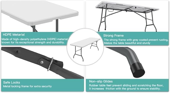 Generic 6 ft Folding Table, Portable Heavy Duty HDPE Fold-in Table, Lightweight Folding Table, Foldable Plastic Card Table for Party, Dining, Barbecue, Board Game with Carrying Handle - White-NeatNest