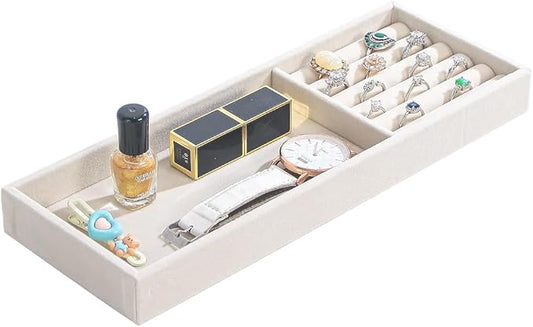 Divided Drawer Organizer Tray, Velvet Jewelry Storage Tray, Necklace Bracelet Ring Earring Display Tray,Bedside Nightstand Desk Holder Tray for Phone Watch Sunglasses Cosmetics Storage/Beige/2grid-NeatNest