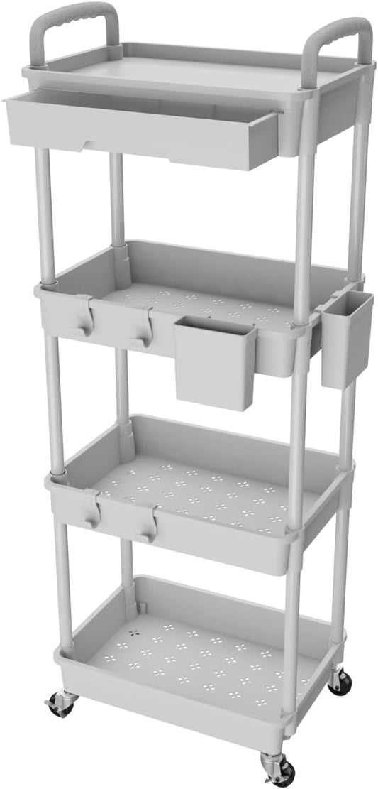 4 Tier Rolling Utility Cart with Drawer,REBECAT Utility Cart Made of Multifunctional Storage Organizer Tool for Kitchen,Bathroom,Living Room,Office(Gray)-NeatNest
