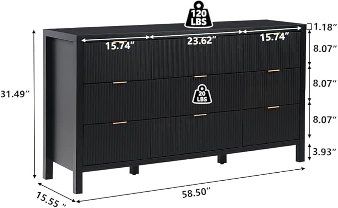 9 Drawer Dresser Cabinet, Long Nightstand with Drawers and Storage Cabinet, Solid Wood Dresser TV Stand, Mid Century Modern Nightstand with 9 Drawer Side Table for Bedroom Closet (Black)